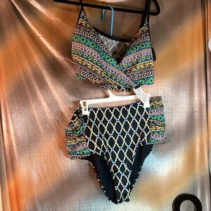 Clean Water‎ 20w 2 piece high waisted bikini black with neon tribal 403